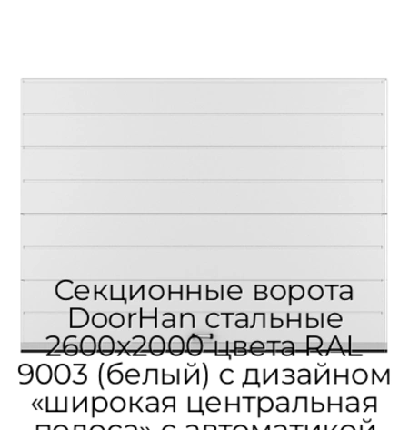 sekczionnyie-vorota-doorhan-stalnyie-2600x2000-czveta-ral-9003-belyij-s-dizajnom-«shirokaya-czentralnaya-polosa»-s-avtomatikoj