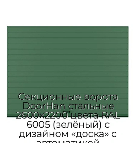 sekczionnyie-vorota-doorhan-stalnyie-2600x2200-czveta-ral-6005-zelyonyij-s-dizajnom-«doska»-s-avtomatikoj