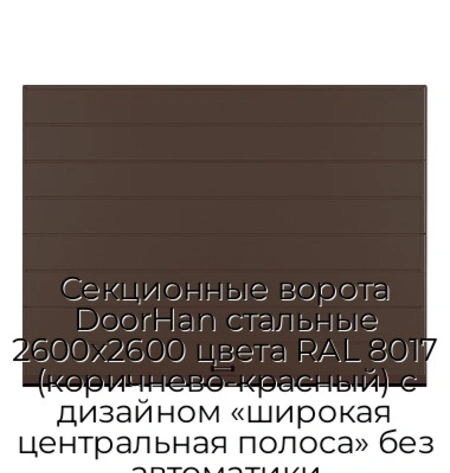 sekczionnyie-vorota-doorhan-stalnyie-2600x2600-czveta-ral-8017-korichnevo-krasnyij-s-dizajnom-«shirokaya-czentralnaya-polosa»-bez-avtomatiki