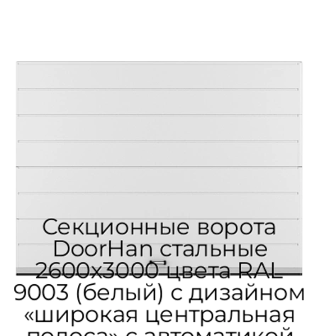 sekczionnyie-vorota-doorhan-stalnyie-2600x3000-czveta-ral-9003-belyij-s-dizajnom-«shirokaya-czentralnaya-polosa»-s-avtomatikoj