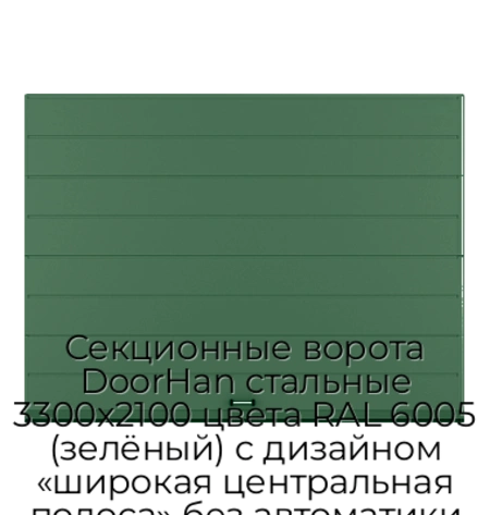 sekczionnyie-vorota-doorhan-stalnyie-3300x2100-czveta-ral-6005-zelyonyij-s-dizajnom-«shirokaya-czentralnaya-polosa»-bez-avtomatiki