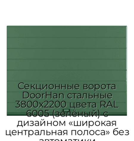 sekczionnyie-vorota-doorhan-stalnyie-3800x2200-czveta-ral-6005-zelyonyij-s-dizajnom-«shirokaya-czentralnaya-polosa»-bez-avtomatiki