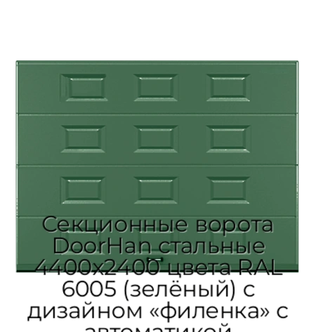 sekczionnyie-vorota-doorhan-stalnyie-4400x2400-czveta-ral-6005-zelyonyij-s-dizajnom-«filenka»-s-avtomatikoj