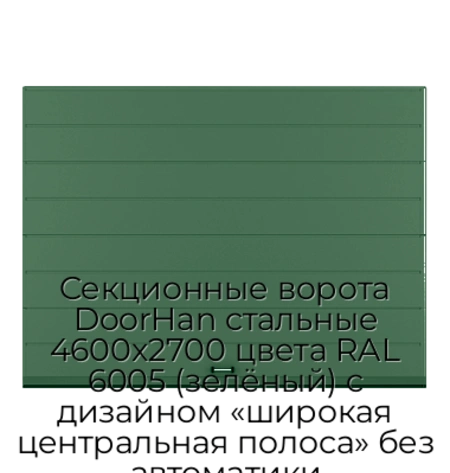 sekczionnyie-vorota-doorhan-stalnyie-4600x2700-czveta-ral-6005-zelyonyij-s-dizajnom-«shirokaya-czentralnaya-polosa»-bez-avtomatiki